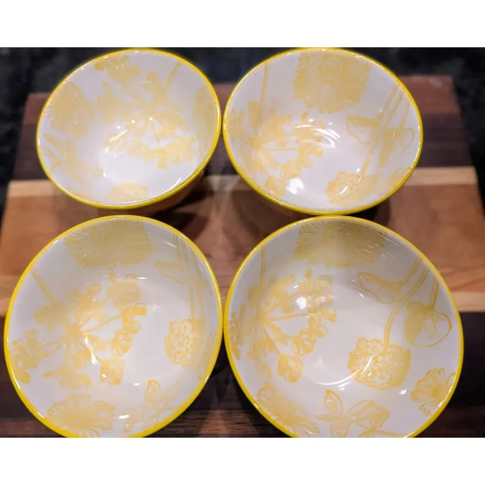 Stoneware Botanical Bowls, set of 4, New, Canary Yellow!